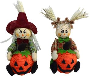 10″ Sitting Scarecrows w/Pumpkin